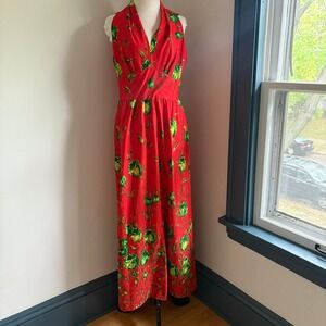 Vintage 70s Maxi Dress Red Green Floral‎ Sleeveless Party Gown No Size